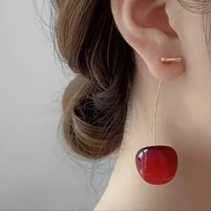 Gold Cherry Drop Earrings - Red Cherry Dangle